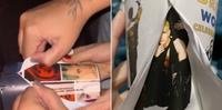 Fãs postaram fotos e vídeos da retirada dos adesivos dos Jonas Brothers, mostrando que os copos eram de shows de outros artistas