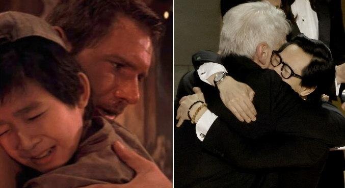 Harrison Ford e Ke Huy Quan em cena de 'Indiana Jones', em 1984, e no Oscar 2023