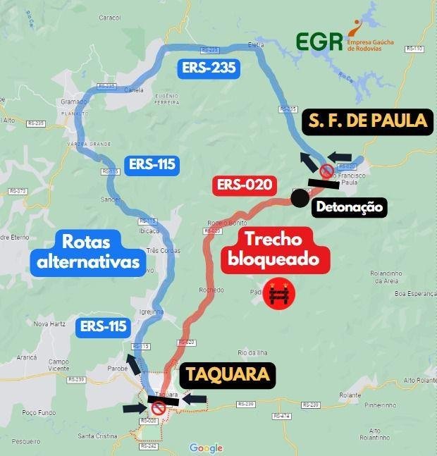 De acordo com a EGR a detona&ccedil;&atilde;o de rochas no alto do talude da estrada &eacute; para evitar poss&iacute;veis deslizamentos no local em decorr&ecirc;ncia das chuvas. A interven&ccedil;&atilde;o incide nos usu&aacute;rios em deslocamento no sentido de Taquara/S&atilde;o Francisco de Paula e S&atilde;o Francisco de Paula/Taquara