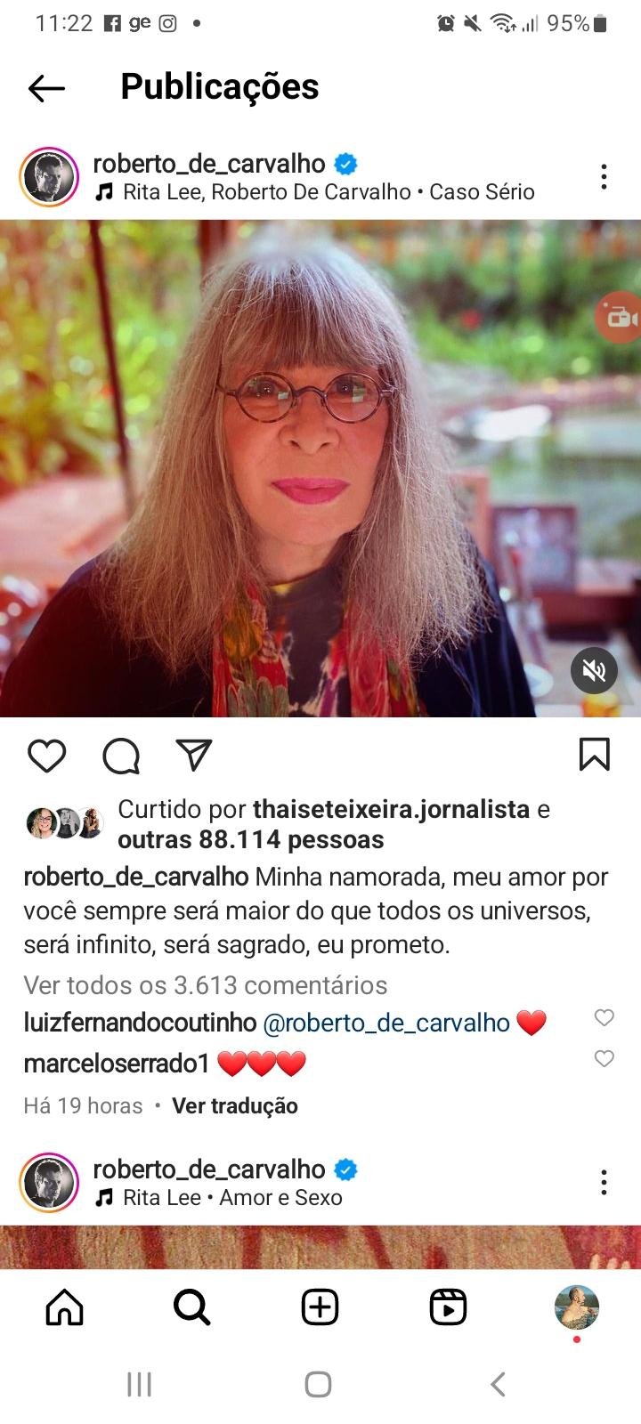 Roberto de Carvalho em mensagem nas redes disse que o amor por Rita ser&aacute; maior do que todos os universos