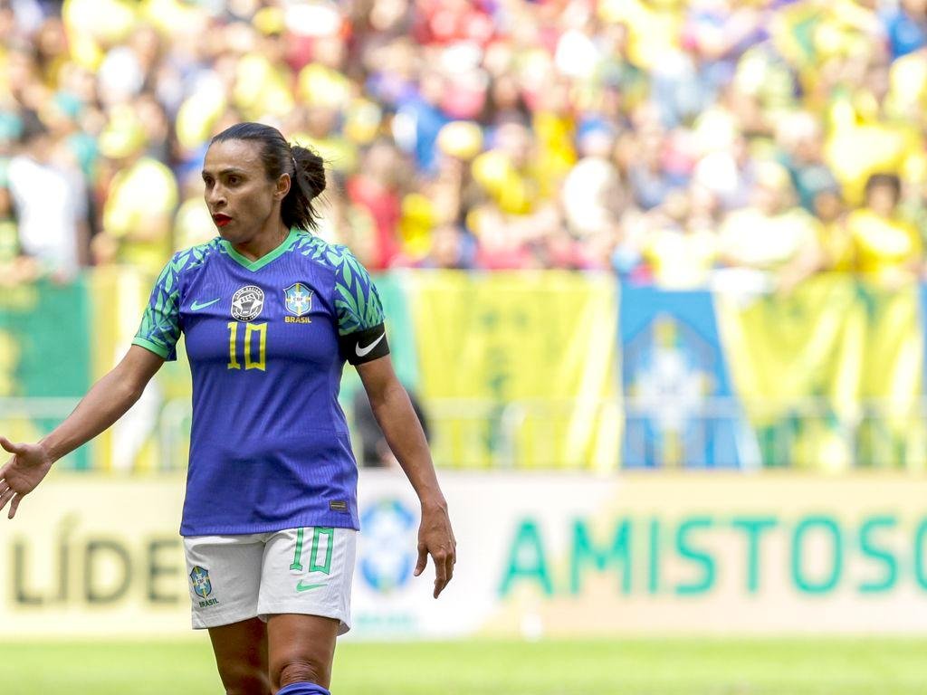 Marta durante jogo amistoso entre as sele&ccedil;&otilde;es de Brasil e Chile em 2 de julho
