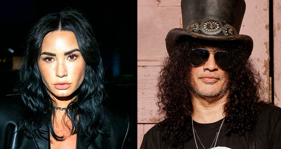 Demi Lovato e o guitarrista Slash, da banda Guns N&rsquo; Roses