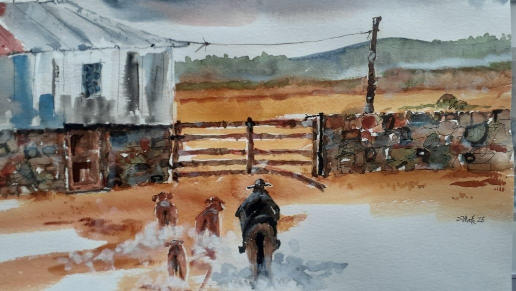 Detalhe de obra do artista, que tem a lida no campo como um dos temas da s&eacute;rie de aquarelas