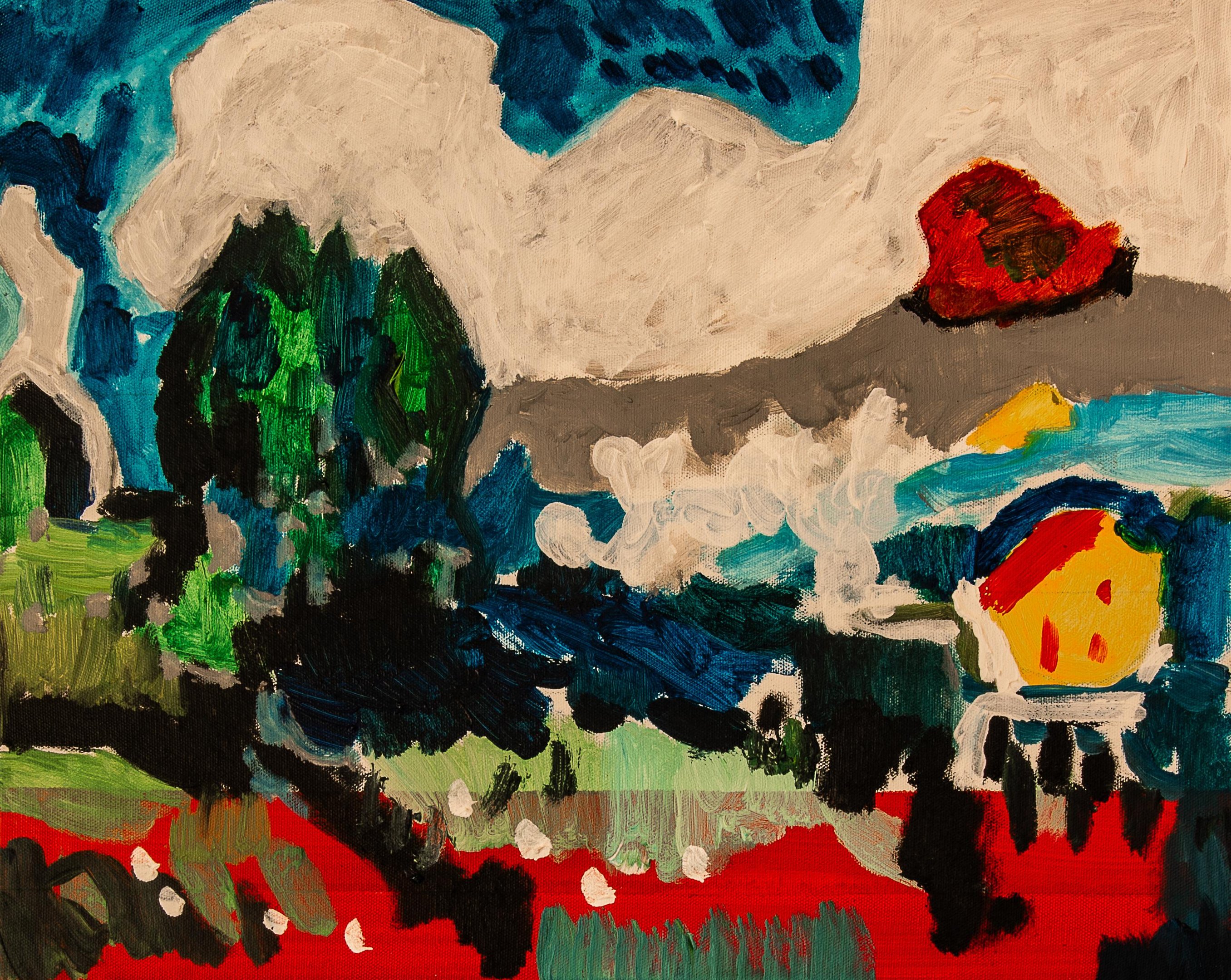 Trecho de paisagem com branco sobre fundo geom&eacute;trico vermelho, presenta na exposi&ccedil;&atilde;o &ldquo;Reverbera&ccedil;&otilde;es Picturais&rdquo;