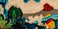 Trecho de paisagem com branco sobre fundo geométrico vermelho, presenta na exposição “Reverberações Picturais”