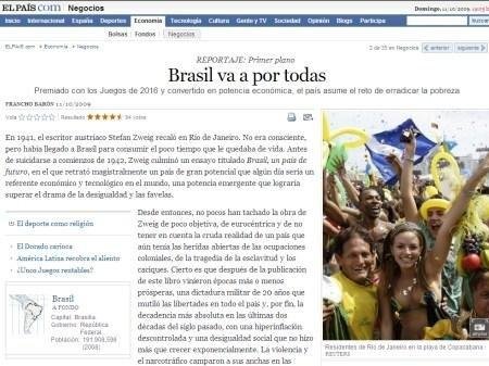 Jornal El Pa&iacute;s diz que Brasil &eacute; o "pa&iacute;s do presente"