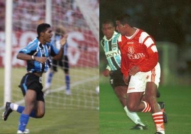 Na esquerda, Pedro J&uacute;nior comemora gol salvador em 2006. Na direita, Fabiano se destaca na final do Gauch&atilde;o de 1997 