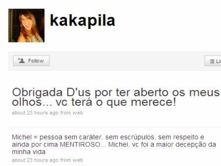 Namorada de Michel tem acesso de f&uacute;ria no Twitter