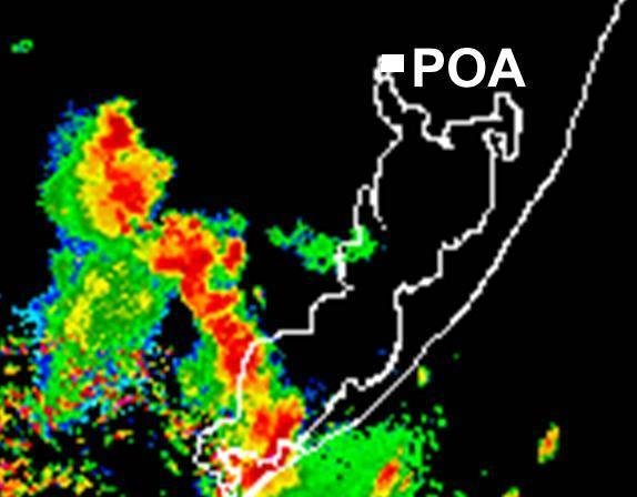 Imagem de radar mostra linhas de tormenta avan&ccedil;ando &agrave; oeste da Lagoa dos Patos