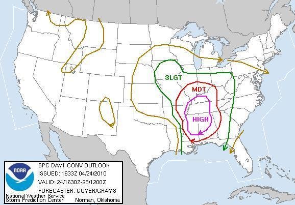Mapa da Meteorologia americana mostra &aacute;reas de maior risco de tornados 