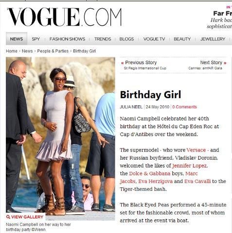 Naomi Campbell comemora 40 anos no sul da Fran&ccedil;a