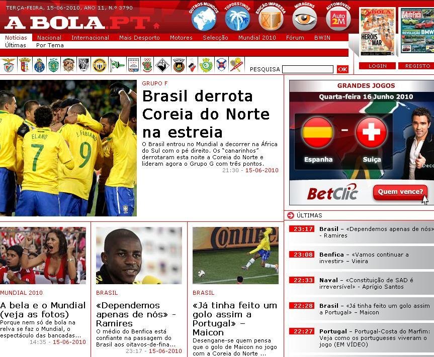 Reprodu&ccedil;&atilde;o do site portugu&ecirc;s A Bola
