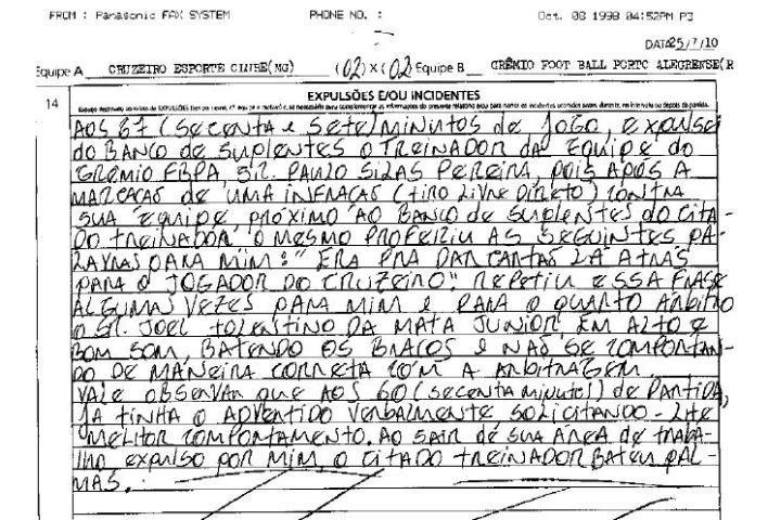T&eacute;cnico gremista &eacute; denunciado em s&uacute;mula de &aacute;rbitro
