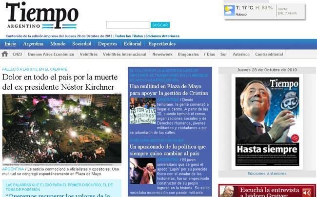 "At&eacute; sempre", dizem jornais argentinos sobre Kirchner