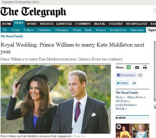 Fam&iacute;lia real brit&acirc;nica anuncia casamento do pr&iacute;ncipe William