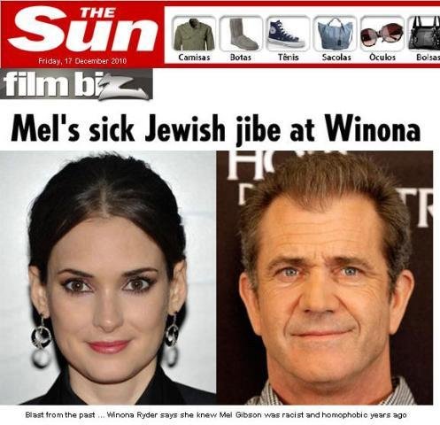 Winona Ryder afirma que Mel Gibson &eacute; um &acute;&acute;anti-semita doente e homof&oacute;bico&acute;&acute;