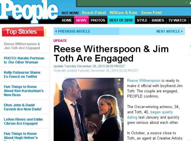 Atriz americana Reese Witherspoon fica noiva
