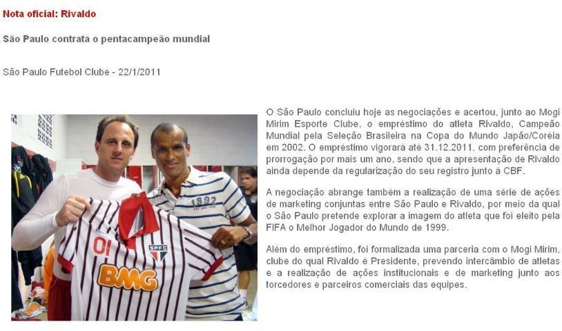 S&atilde;o Paulo oficializa a contrata&ccedil;&atilde;o de Rivaldo