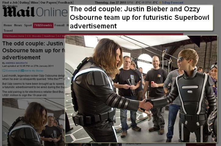 De acordo com o site do jornal ingl&ecirc;s Daily Mail, Justin Bieber e Ozzy Osbourne v&atilde;o participar juntos de um comercial futurista para promover o site de vendas Best Buy