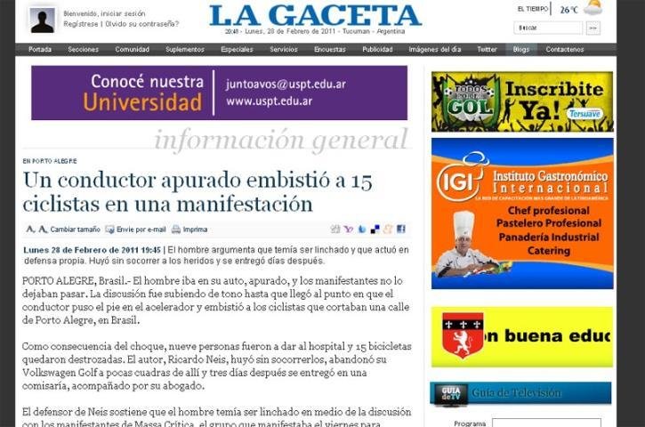 Vizinhos Argentinos tamb&eacute;m d&atilde;o enfase ao acidente da &uacute;ltima sexta-feira