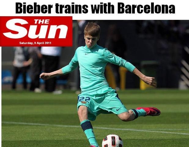 Justin Bieber participa de treino do Barcelona e n&atilde;o d&aacute; vexame