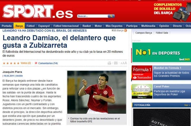 Dami&atilde;o estaria na mira do Barcelona, segundo jornal espanhol 