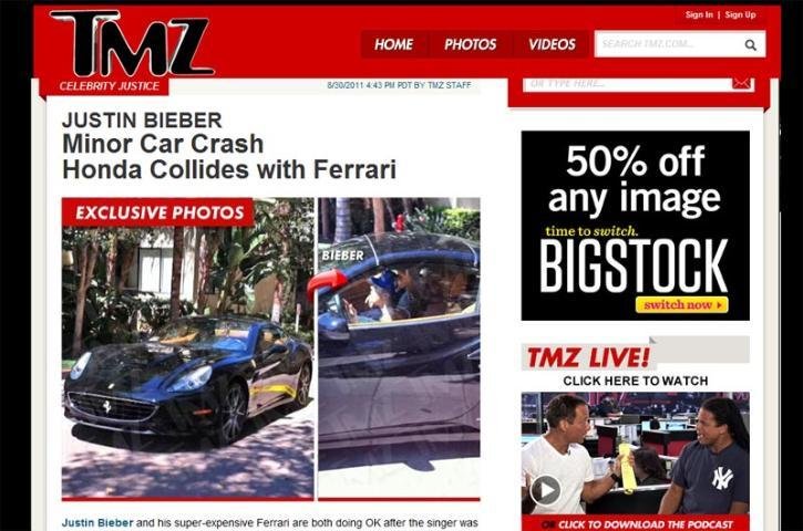 Site de fofoca publica com exclusividade fotos de Bieber e a Ferrari batida