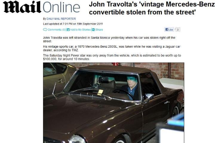 Ator John Travolta tem Mercedes antigo roubado na Calif&oacute;rnia