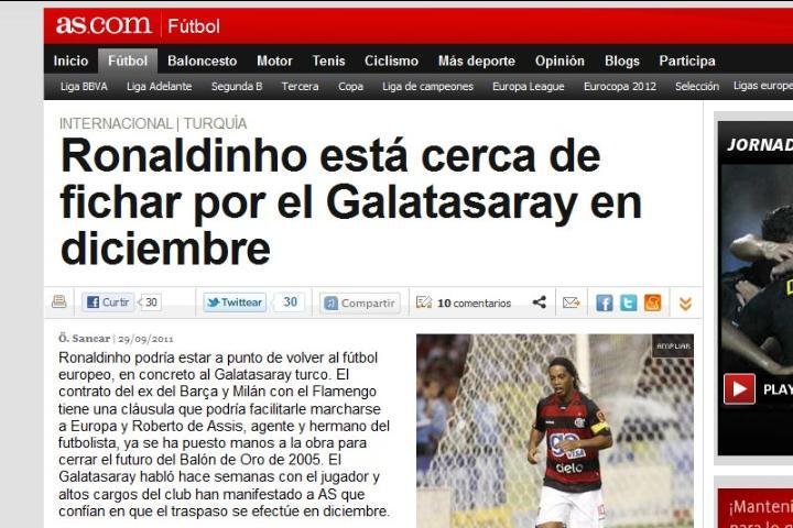 Jornal espanhol coloca Ronaldinho no Galatasaray da Turquia