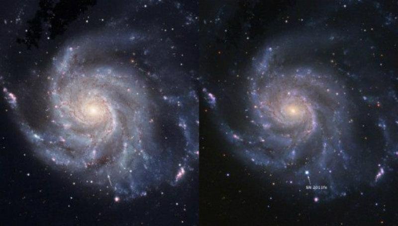 Imagem de dezembro de 2011 mostra as gal&aacute;xias de SN 2011fe e a Gal&aacute;xia Catavento tirada pelo telesc&oacute;pio Hubble antes da explos&atilde;o da supernova mostra a 