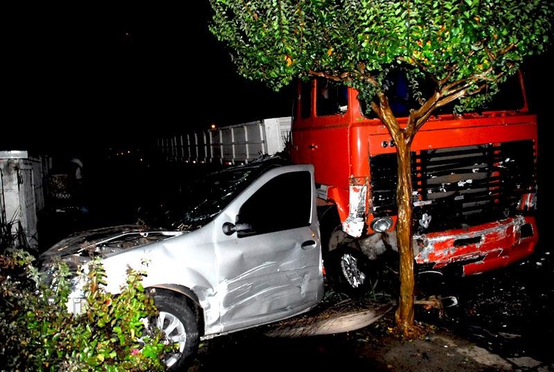 Ap&oacute;s colidir contra seis carros, caminh&atilde;o derrubou uma &aacute;rvore em frente a uma casa