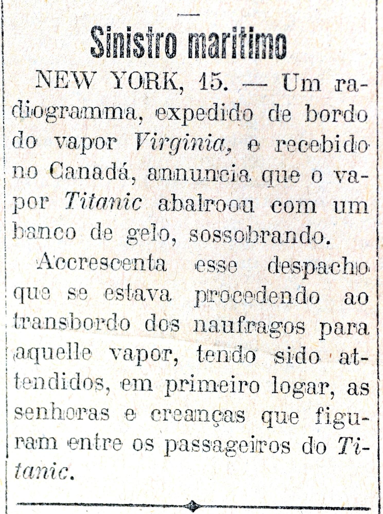 Not&iacute;cia informa o naufr&aacute;gio em 15 de abril