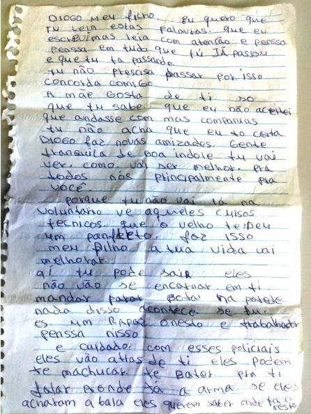 Em carta, m&atilde;e orienta o filho para ter cuidado com a pol&iacute;cia