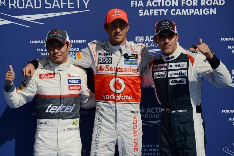 Kamui Kobayash, Jenson Button e Pastor Maldonado celebram grid de largada do GP da B&eacute;lgica