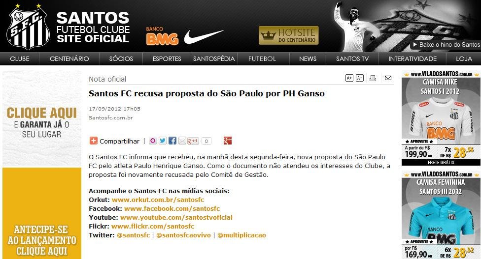 Site do Santos informou recusa