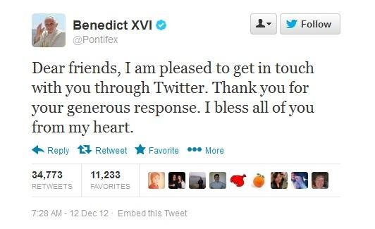 Papa Bento XVI estreou no Twitter nesta quarta-feira
