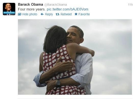 Mensagem de Barack Obama abra&ccedil;ando a esposa foi a mais retuitada em 2012