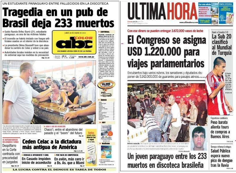 ABC Color e o &Uacute;ltima Hora, ambos do Paraguai, colocaram fotos do enterro e do atendimento &agrave;s vitimas do inc&ecirc;ndio