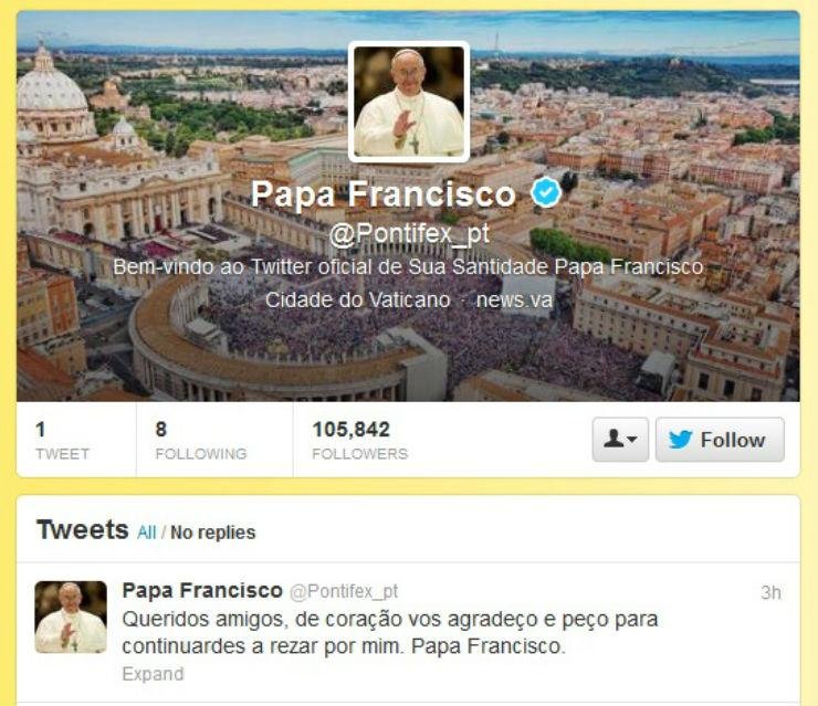 Conta do Papa no Twitter foi reativada neste domingo