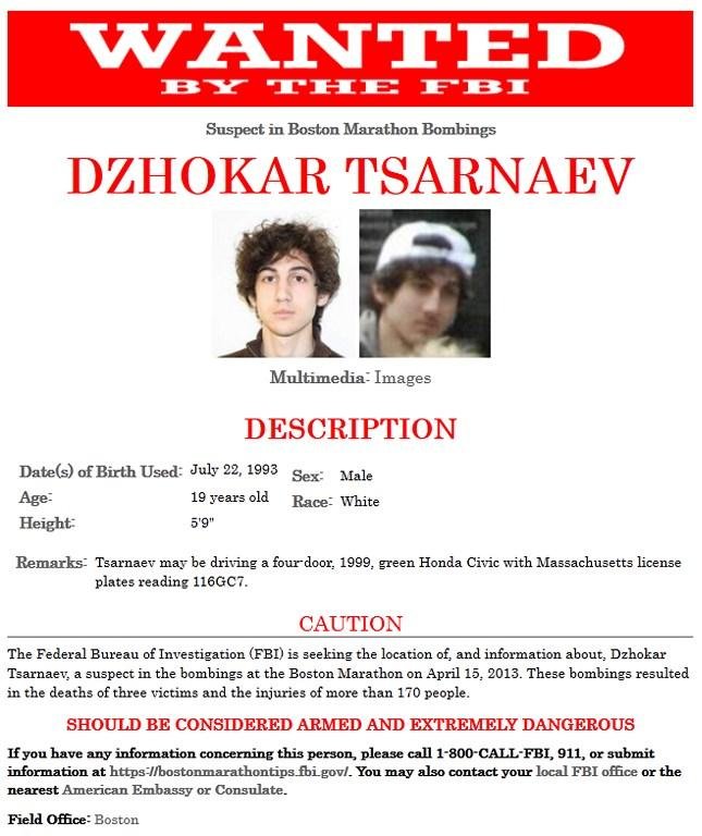 FBI divulga cartaz do suspeito procurado em Boston
