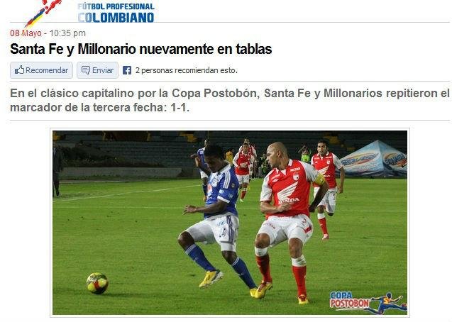 No cl&aacute;ssico colombiano, Santa Fe empata com Millonarios 