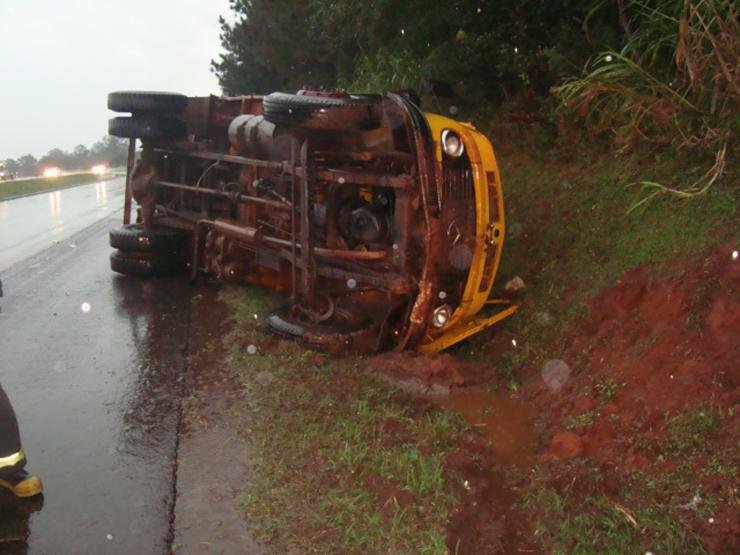 Caminh&atilde;o saiu da pista e tombou na BR 386