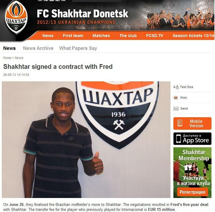 Fred assinou por cinco anos com o Shakhtar Donetsk