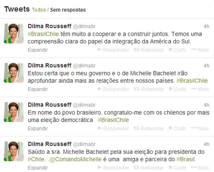 Dilma enviou as mensagens pela conta do Twitter