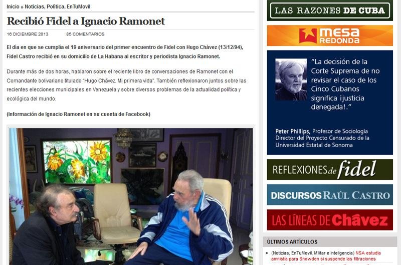 Fidel aparece em p&uacute;blico ao receber jornalista para falar de Ch&aacute;vez
