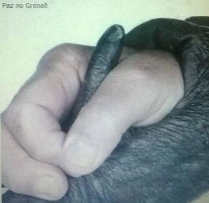 Foto mostra aperto de m&atilde;os entre pessoa branca e macaco