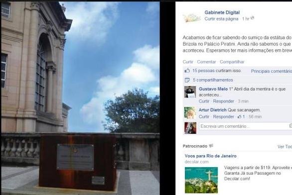 Gabinete Digital do governo do Estado publicou montagem denunciando o desaparecimento