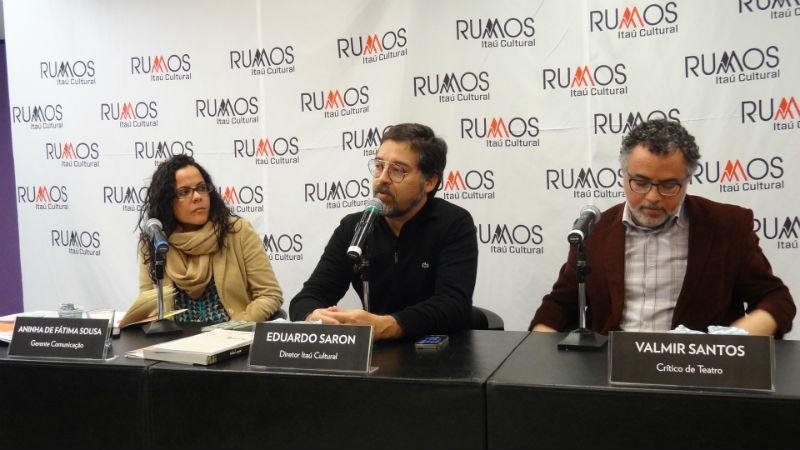 Mesa de an&uacute;ncio dos selecionados com Aninha F&aacute;tima de Souza, diretor Eduardo Saron e o cr&iacute;tico teatral Valmir Santos