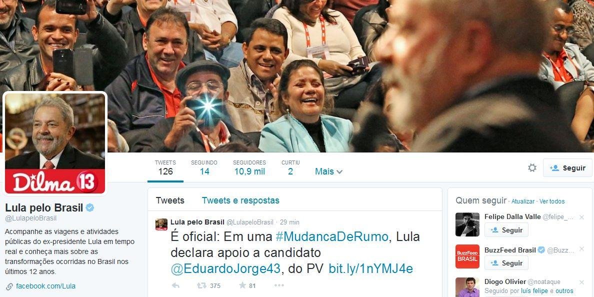 Twitter oficial de Lula &eacute; hackeado com mensagem de apoio ao PV