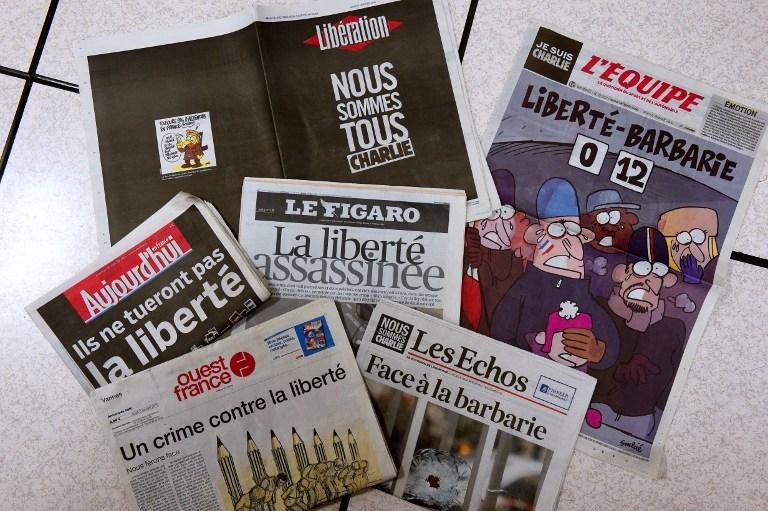 Na imprensa francesa, fundos pretos e desenhos prestaram homenagem aos 12 mortos